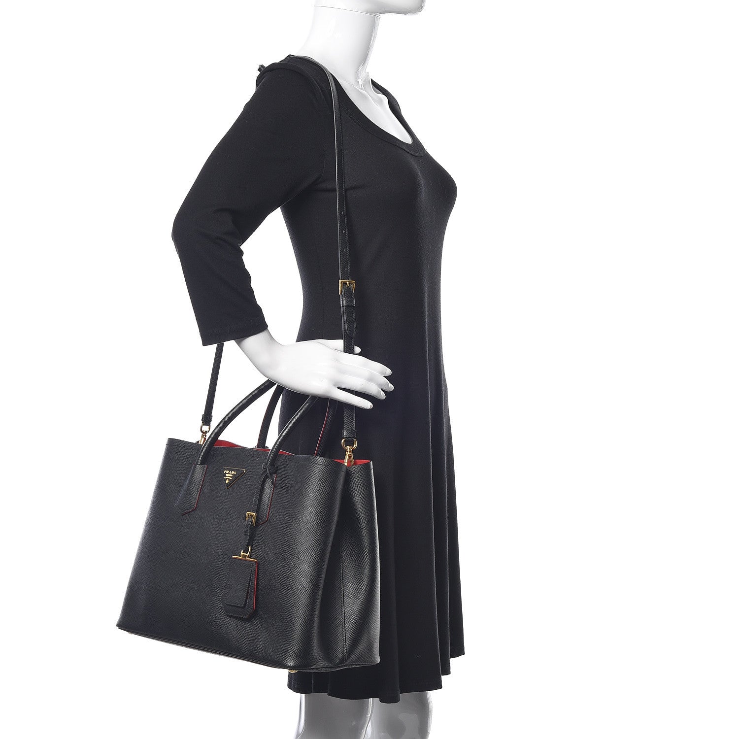 Prada Saffiano Cuir Large Double Bag Black Fuoco 3 of 14