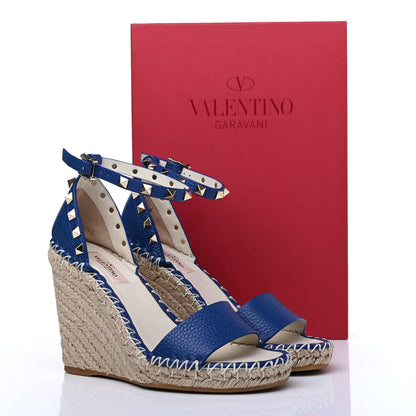 Valentino Garavani Grained Calfskin Rockstud Ankle Strap Espadrille 15/105mm Wedge Sandals 36 Blu Delft Natural 12 of 12