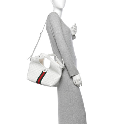 Gucci Calfskin Perforated GG Web Small Giglio Tote White 2 of 10