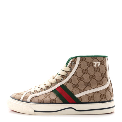 Gucci GG Monogram Web Mens 1977 Tennis High Top Sneakers 7.5 Beige Ebony Mystic White 1 of 9