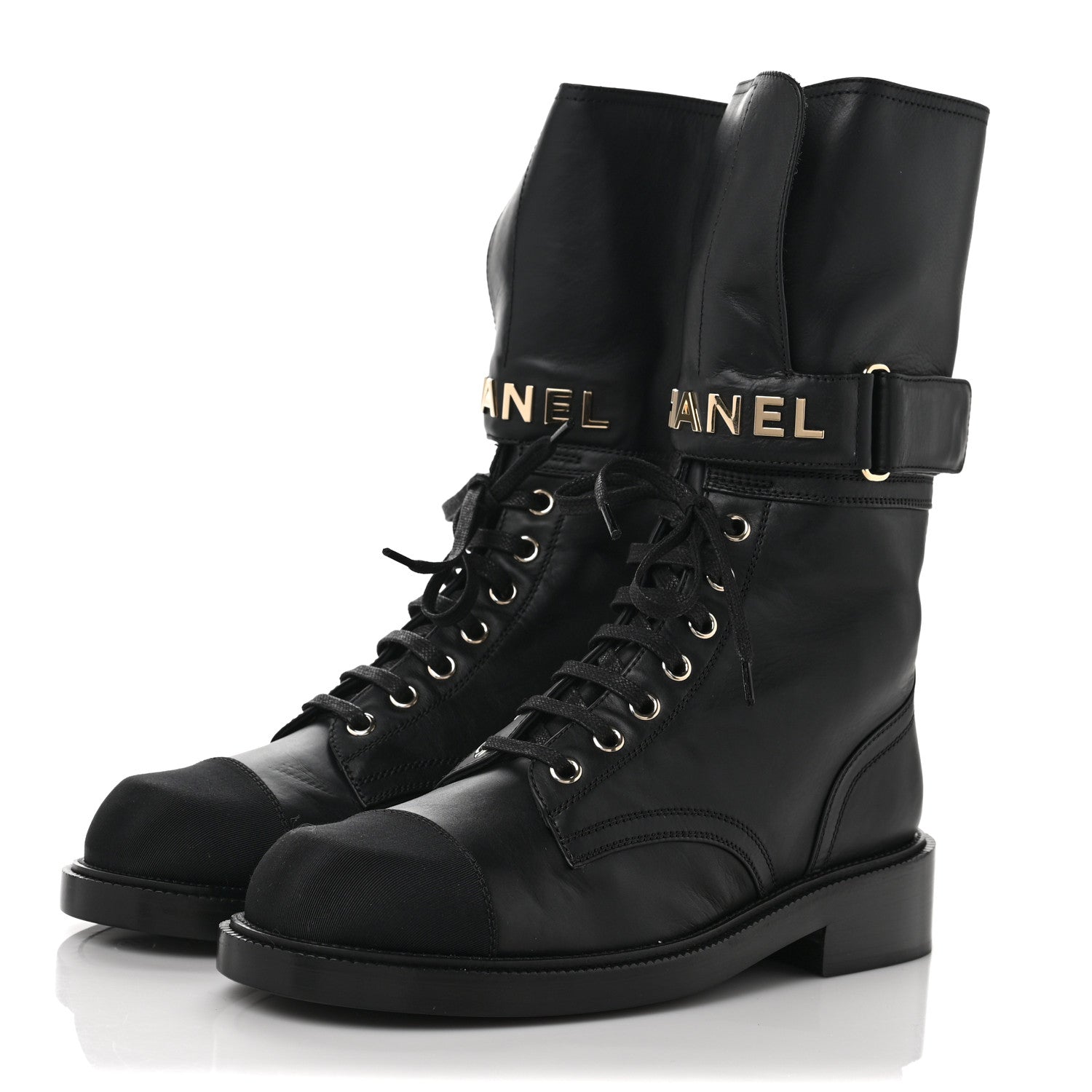 Chanel Shiny Calfskin Lace Up Combat Boots 39 Black 3 of 9