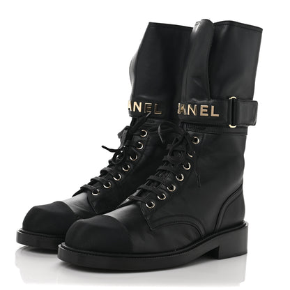 Chanel Shiny Calfskin Lace Up Combat Boots 39 Black 3 of 9