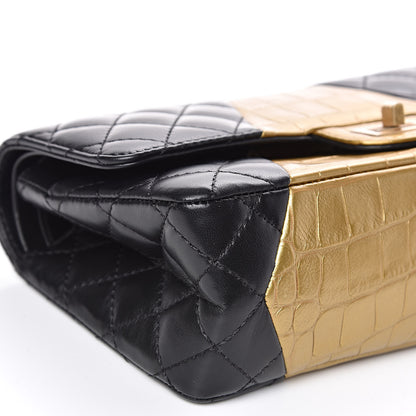 Chanel Lambskin Metallic Calfskin Crocodile Embossed 2.55 Cocodile Reissue 225 Flap Black Gold 8 of 11
