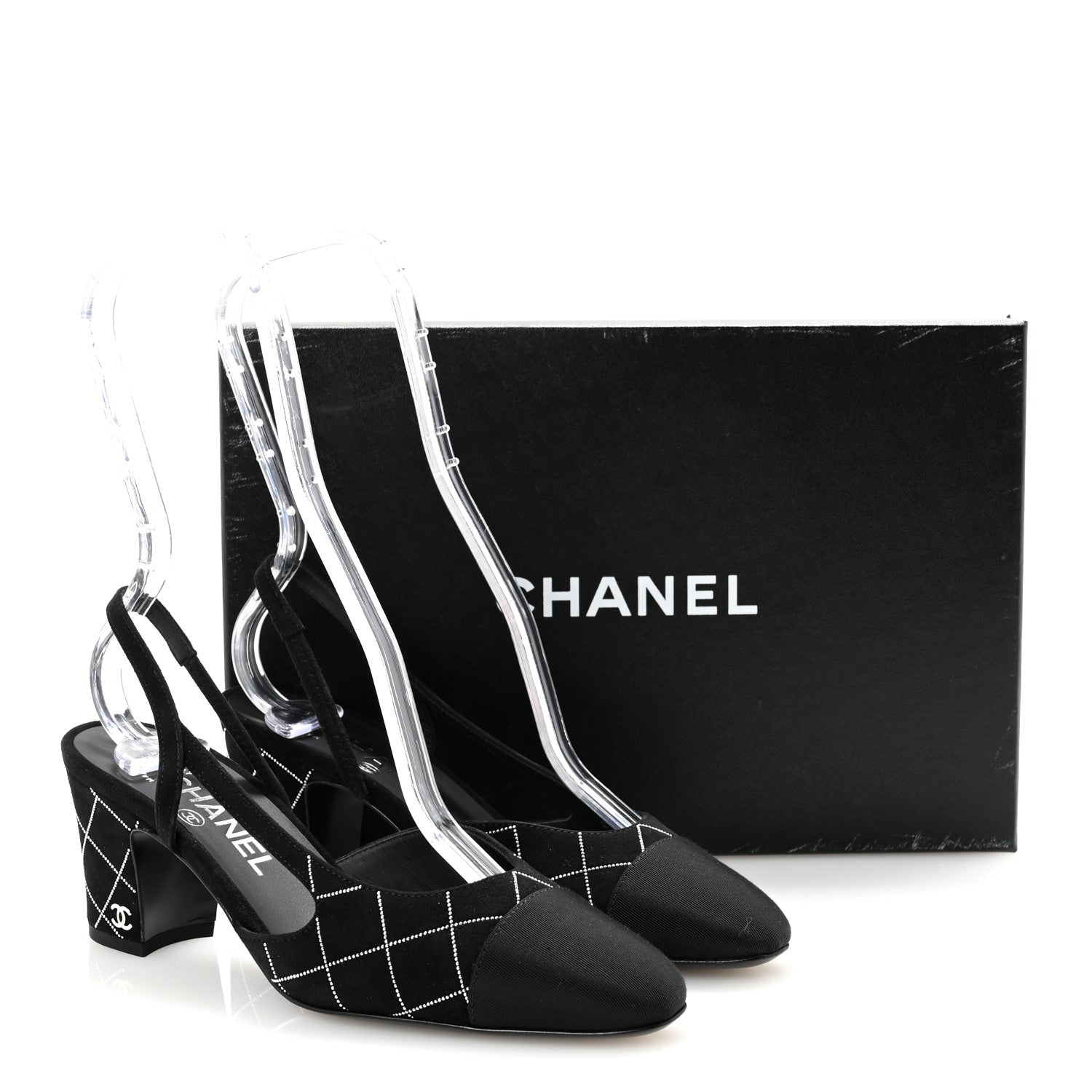 Chanel Suede Grosgrain Studded Cap Toe CC Slingback Pumps 36 Black Silver 10 of 10