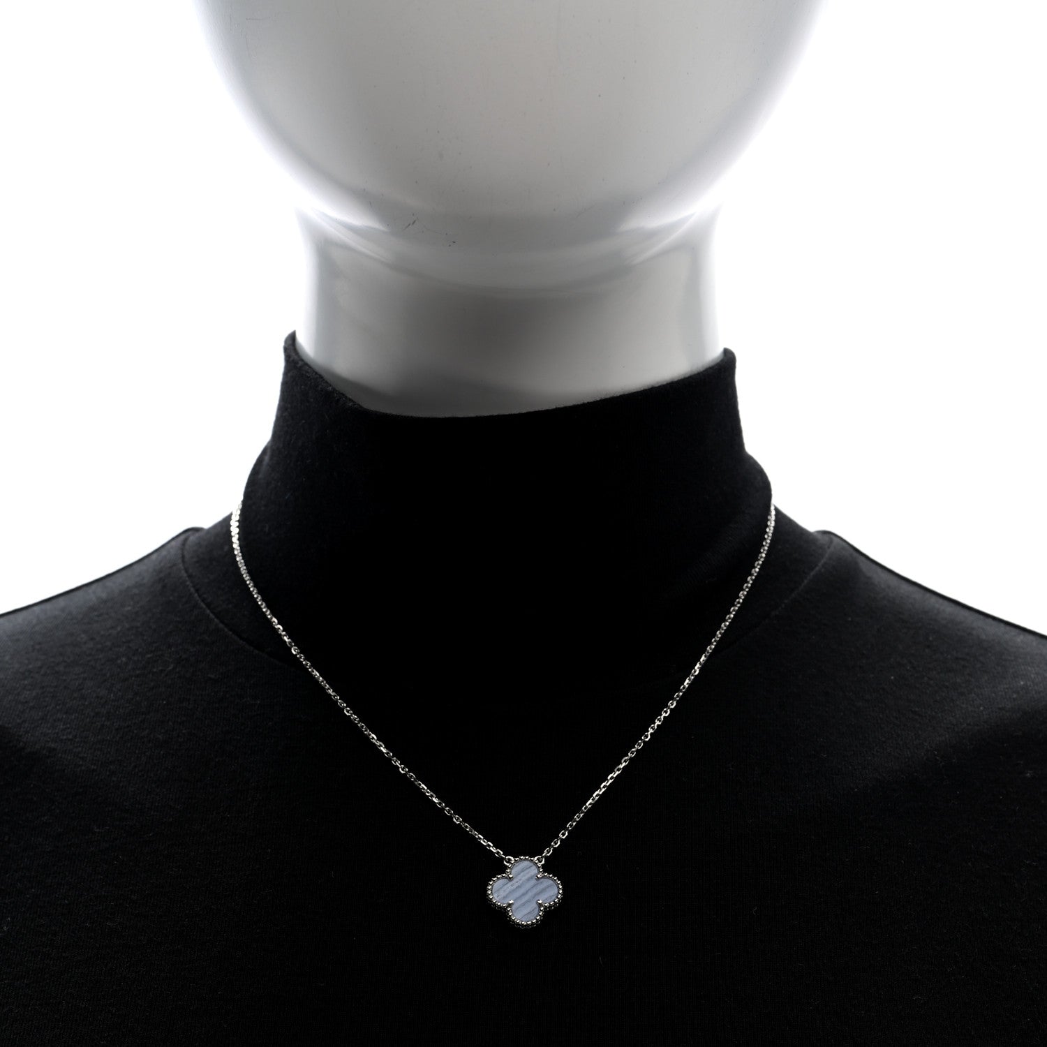 Van Cleef & Arpels 18k White Gold Chalcedony Vintage Alhambra Pendant Necklace 2 of 5
