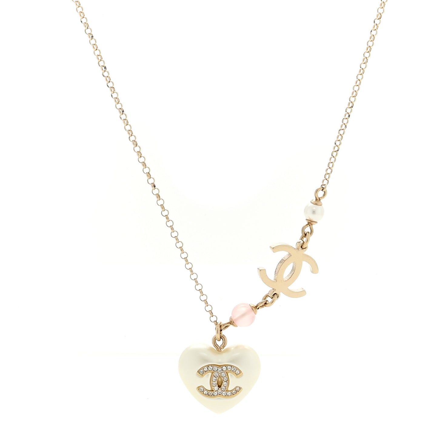 Resin Crystal CC Heart Necklace Pearly White Gold