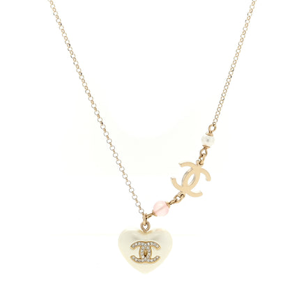 Chanel Resin Crystal CC Heart Necklace Pearly White Gold 1 of 4
