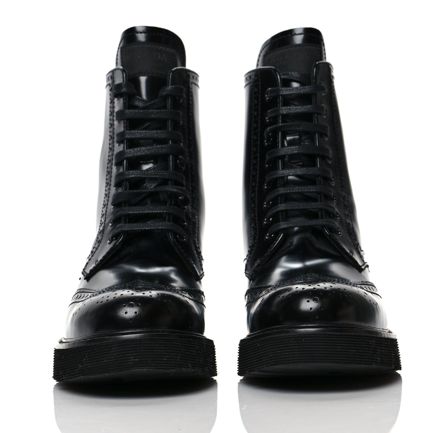 Prada Spazzolato Brogue Perforated Womens Wingtip Combat Boots 38.5 Black 2 of 7