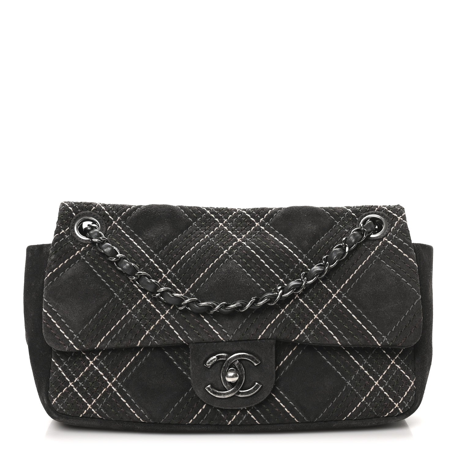 Chanel Suede Stitched Medium Saltire Single Flap Grey 1 of 10