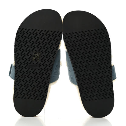 Hermes Suede Goatskin Woolskin Womens Chypre Sandals 37 Bleu Pinede Ecru 5 of 8