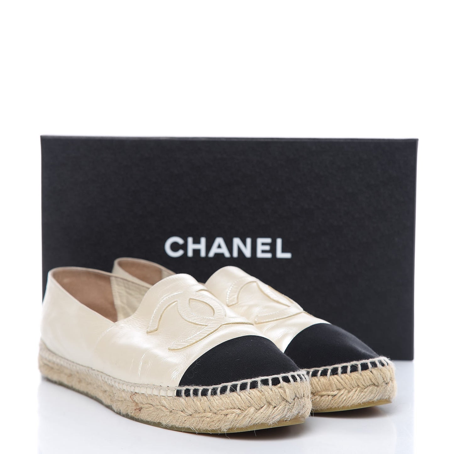 Metallic Calfskin Grosgrain CC Espadrilles 42 Ivory Black