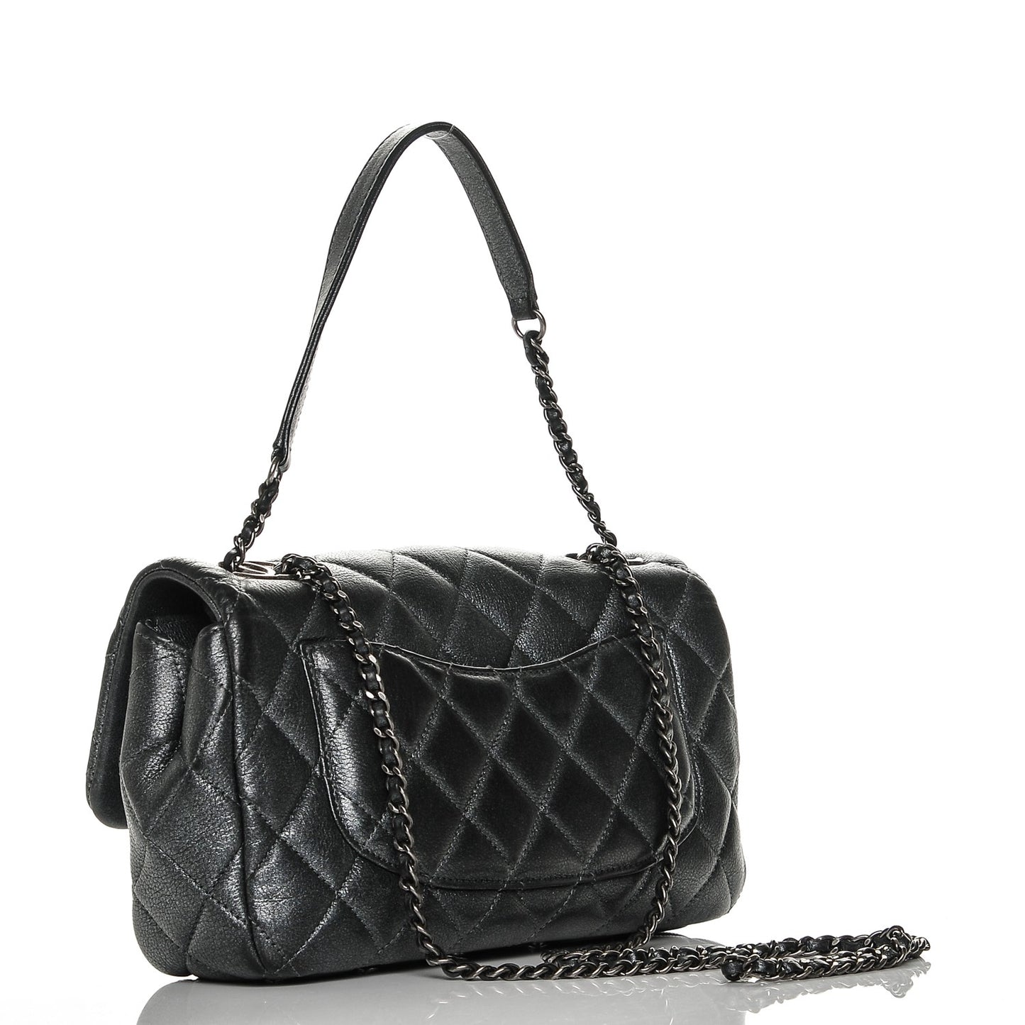 Metallic Calfskin Quilted Medium Medallion Flap Dark Silver