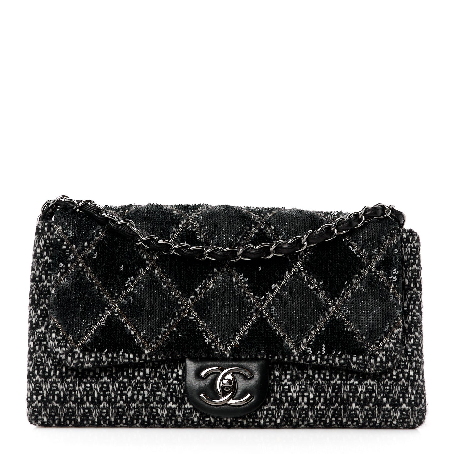 Sequin Tweed Icons Large Accordion 3 Flap Black