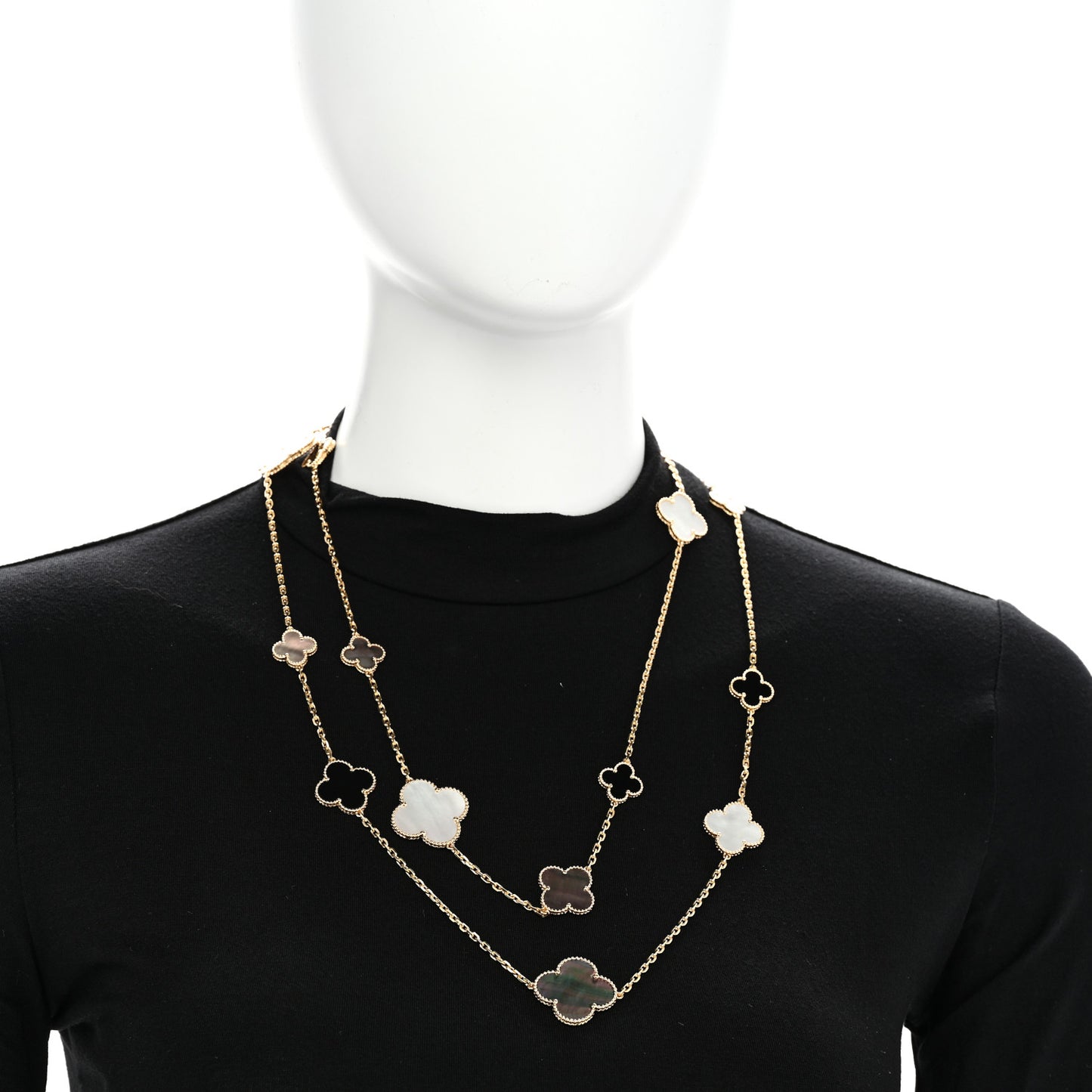 18K Yellow Gold Onyx Mother of Pearl 16 Motifs Magic Alhambra Necklace