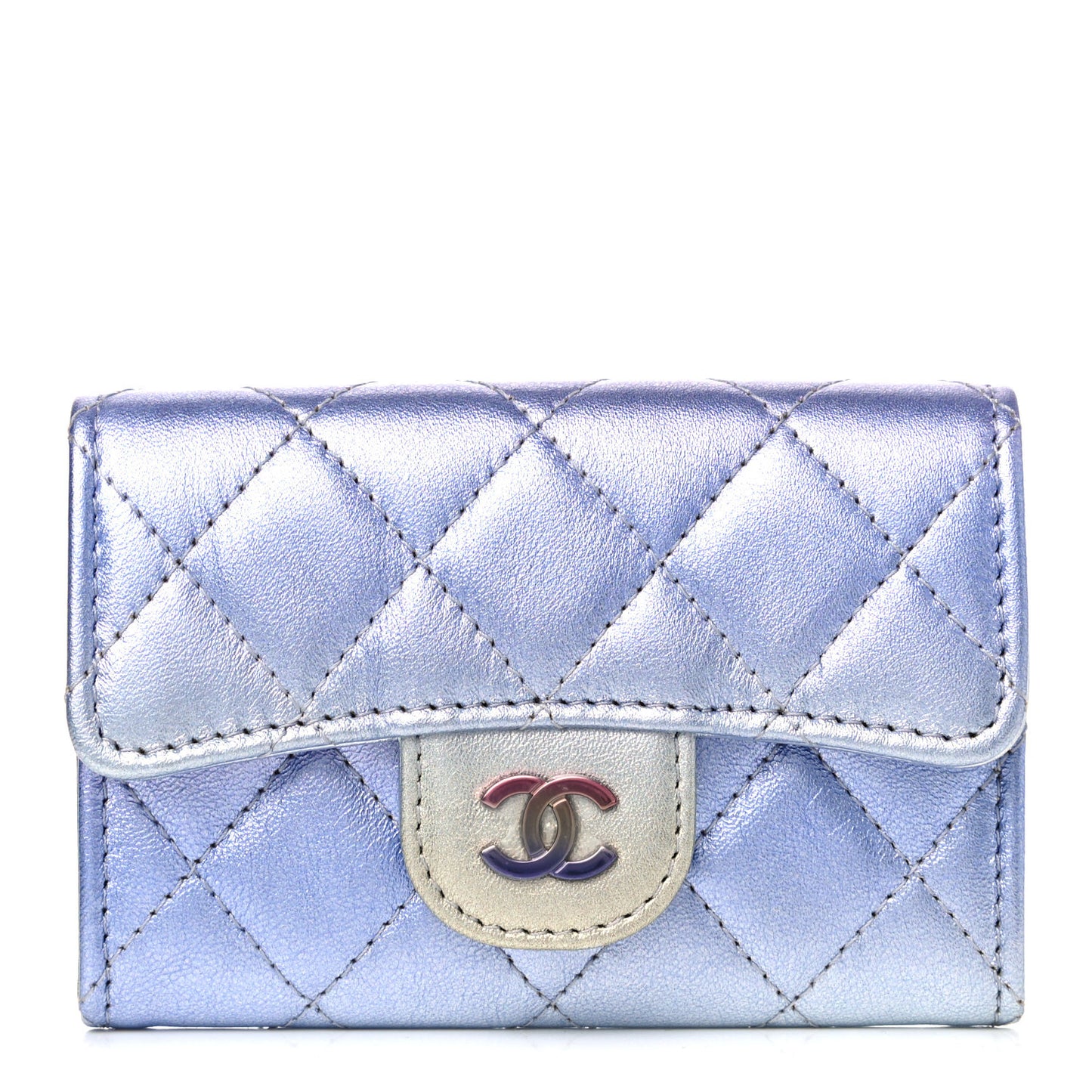 Gradient Metallic Calfskin Quilted Flap Card Holder Wallet Silver Blue Yellow Purple