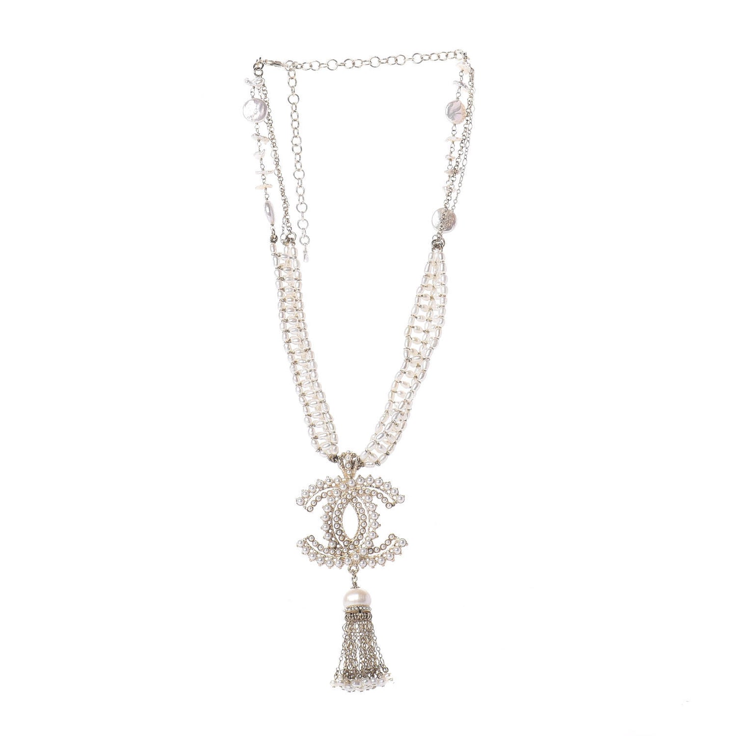 Pearl Crystal CC Long Necklace Gold