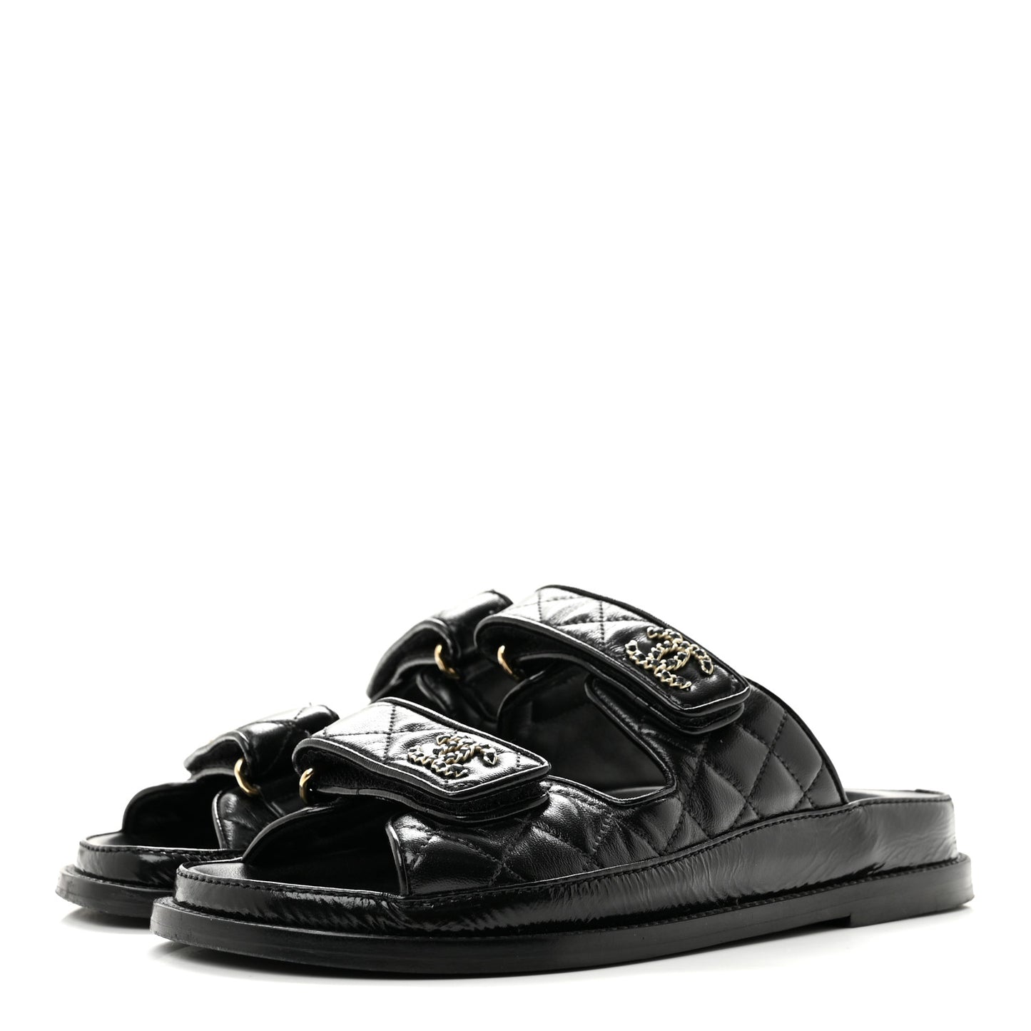 Crumpled Shiny Lambskin Velcro Dad Sandals 36 Black