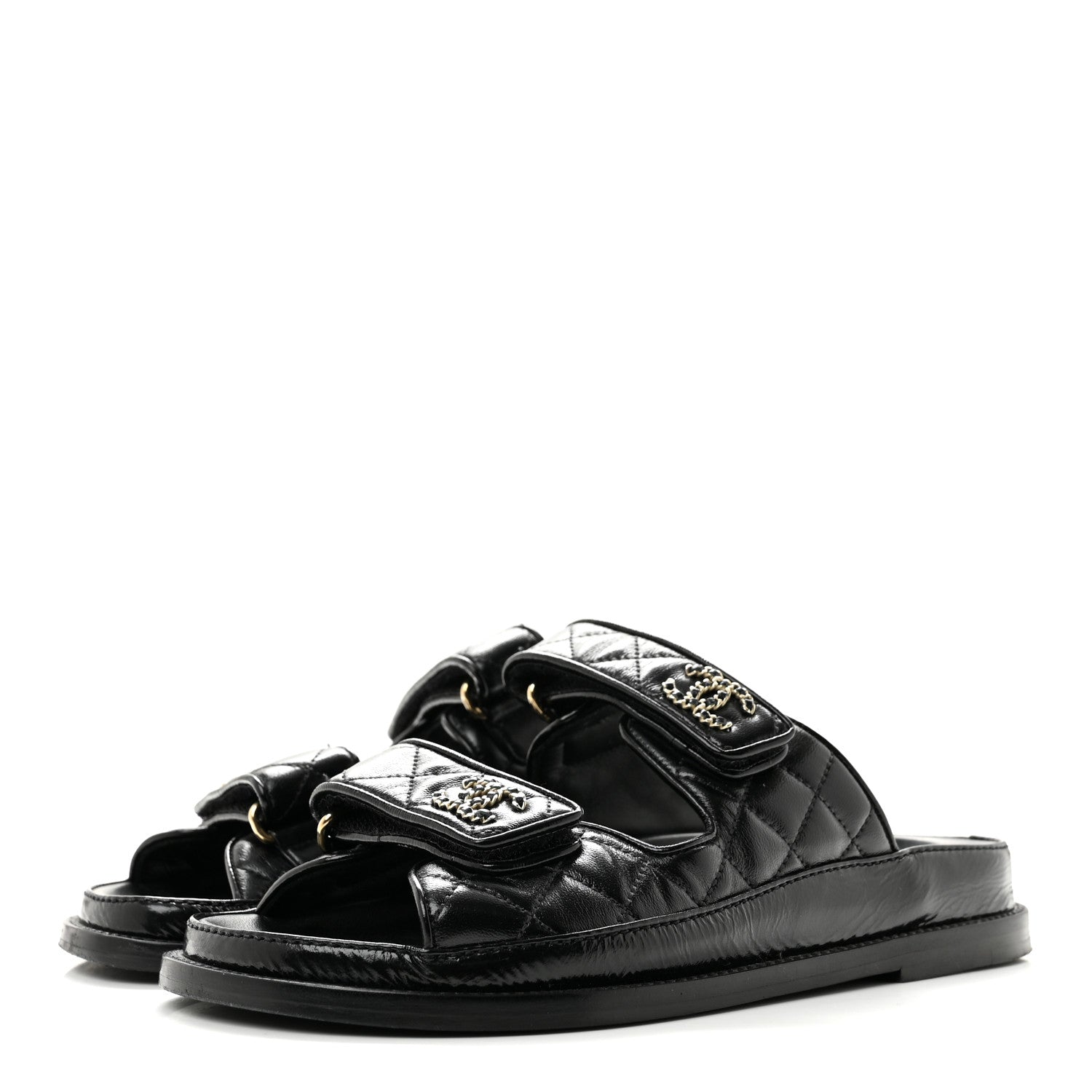Chanel Crumpled Shiny Lambskin Velcro Dad Sandals 36 Black 4 of 9