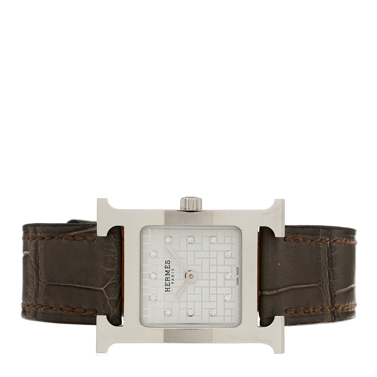 Hermes Stainless Steel Alligator Diamond Mother of Pearl 21mm Heure H Hour Quartz Watch Gris Perle 2 of 5