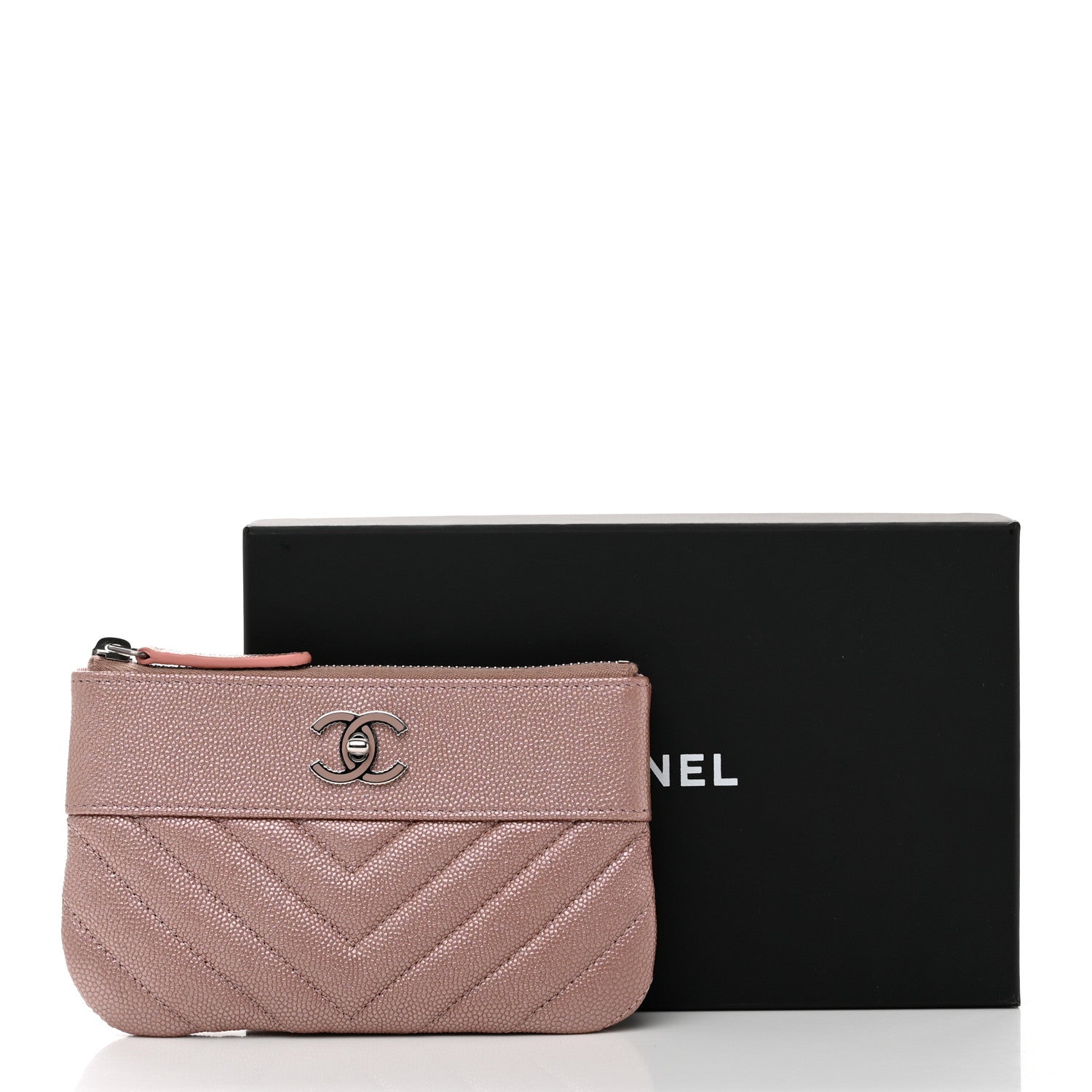 Chanel Metallic Caviar Chevron Quilted Small Vintage Mademoiselle Cosmetic Case Pink 8 of 8