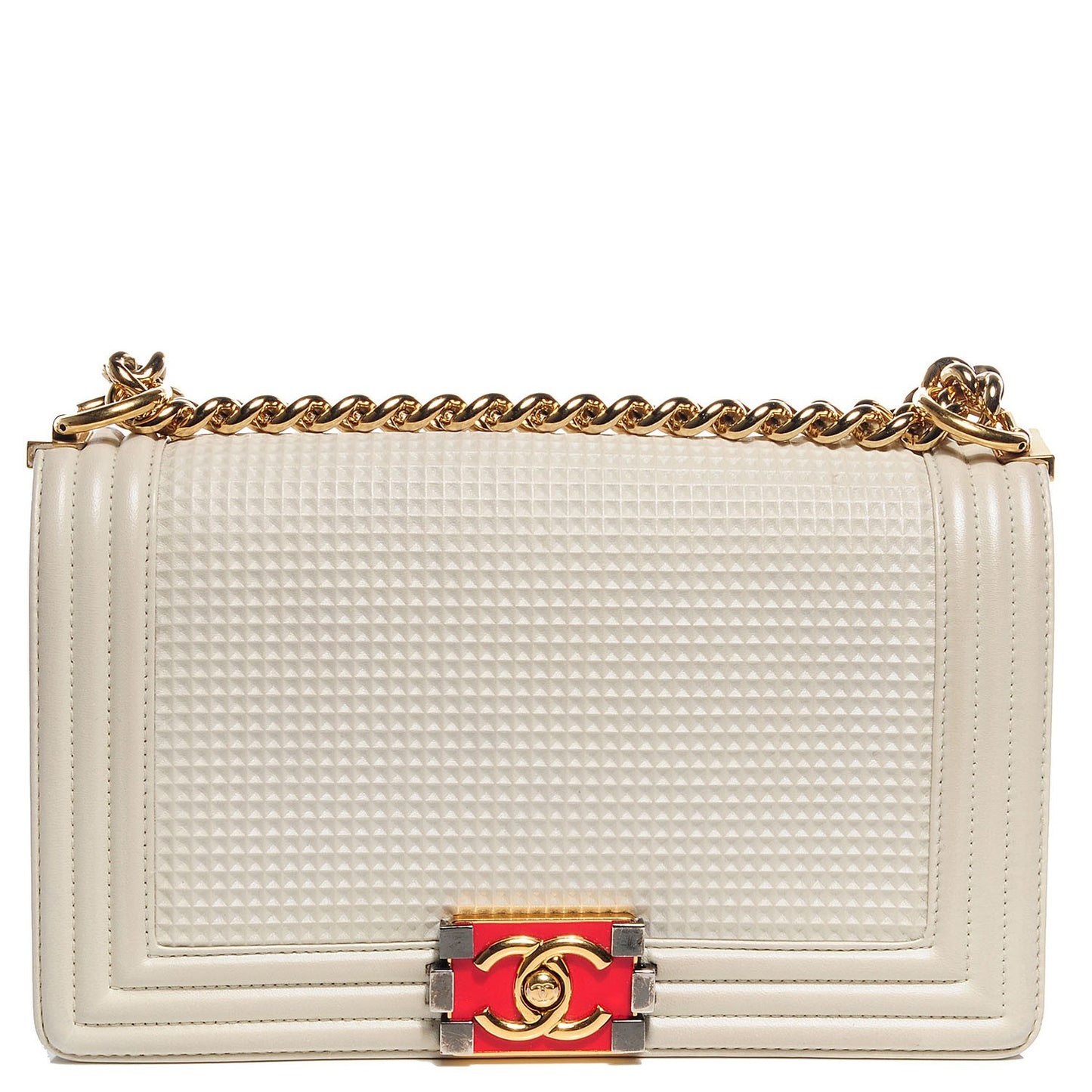 Lambskin Embossed Medium Boy Cube Flap White Red