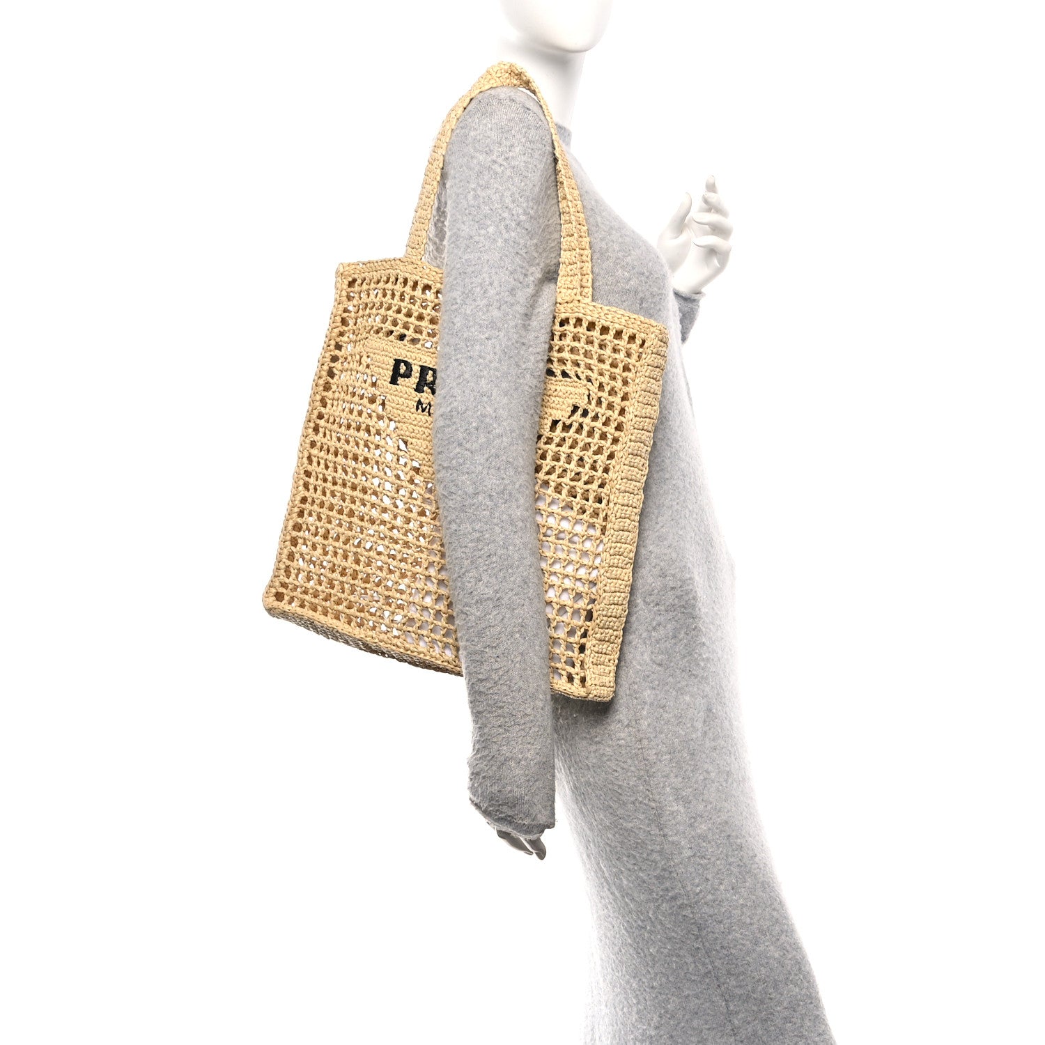 Prada Yarn Raffia Effect Crochet Logo Embroidered Tote Bag Naturale 2 of 9