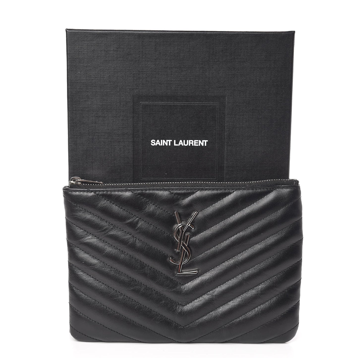 Calfskin Matelasse Chevron Monogram Pouch Black
