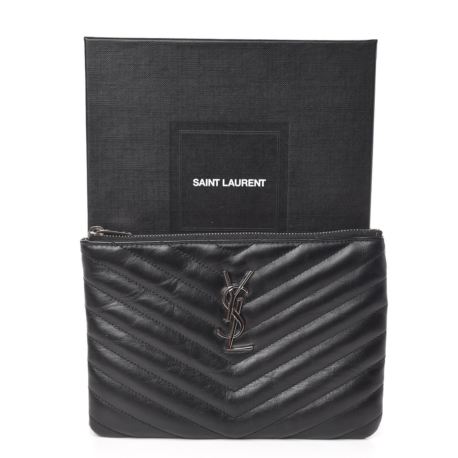 Saint Laurent Calfskin Matelasse Chevron Monogram Pouch Black 8 of 8