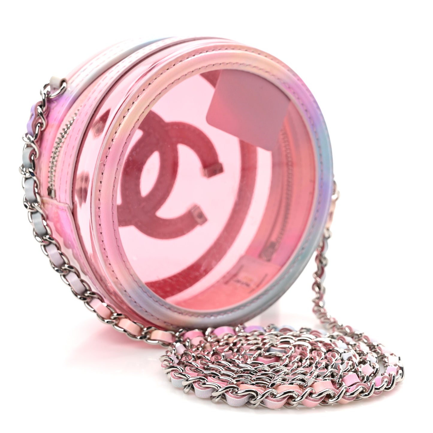 PVC Lambskin Filigree Round Clutch With Chain Pink