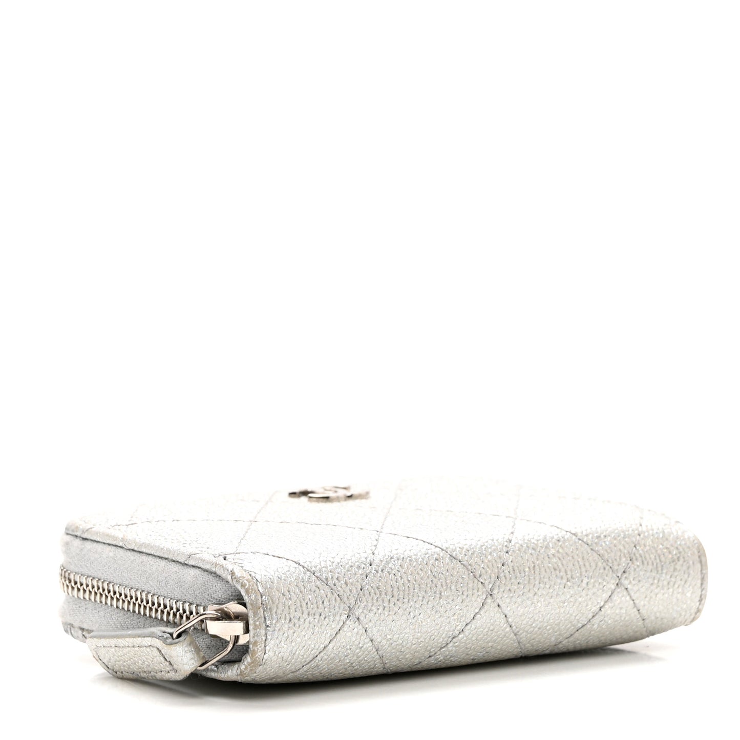 Glittered Metallic Caviar Quilted Zip Coin Purse Wallet Silver