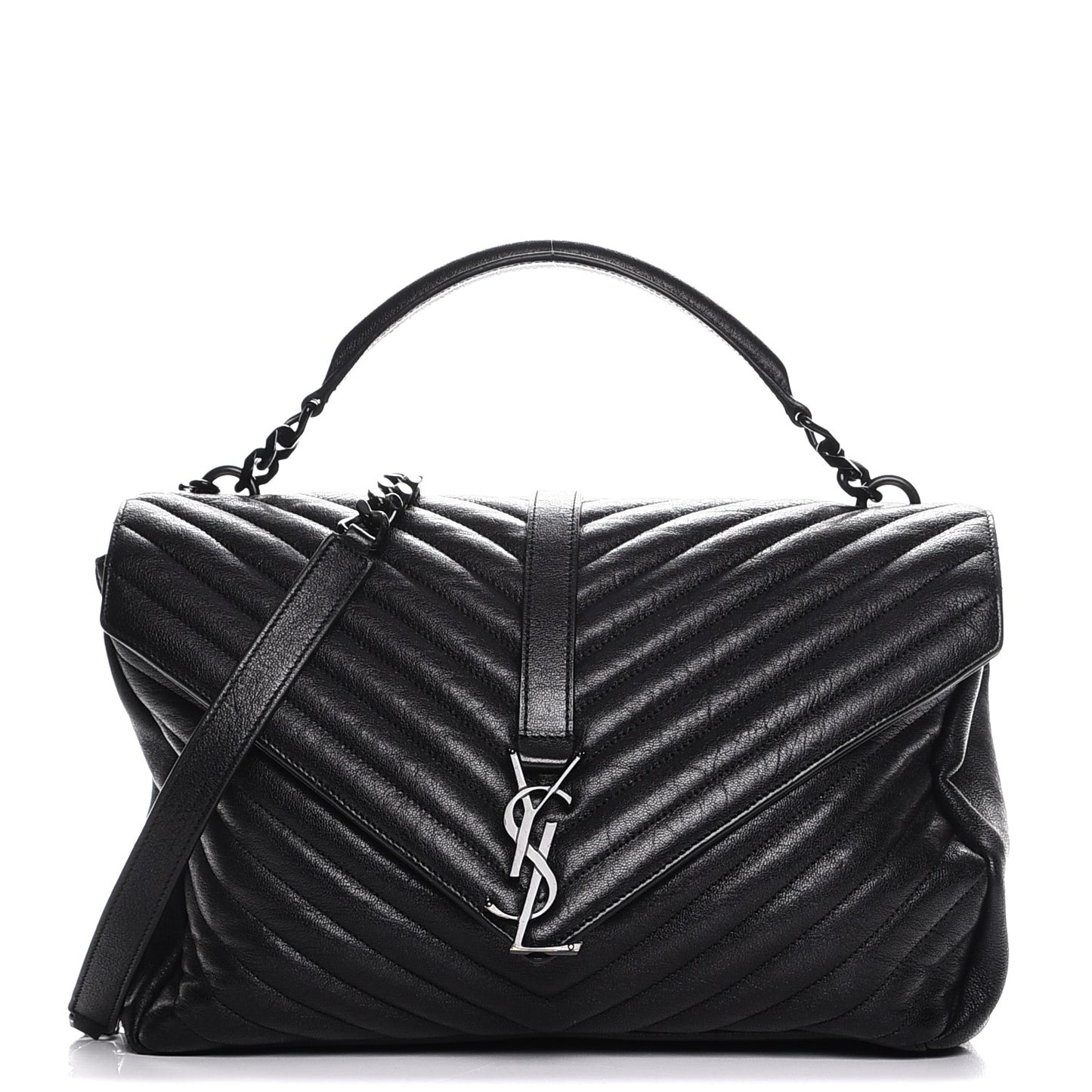 Sheepskin Matelasse Chevron Monogram Large College Satchel Black