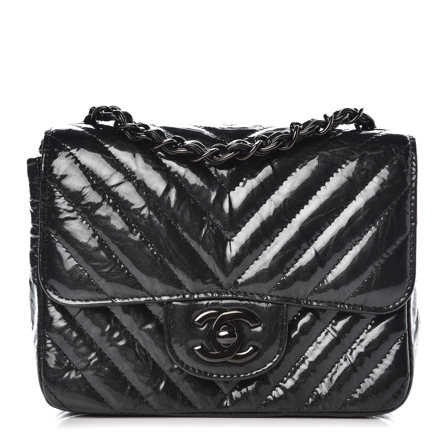 Chanel Metallic Patent Crumpled Calfskin Chevron Quilted Mini Square Flap Black 1 of 8