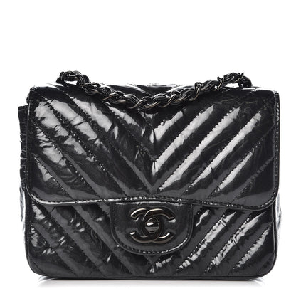 Chanel Metallic Patent Crumpled Calfskin Chevron Quilted Mini Square Flap Black 1 of 8