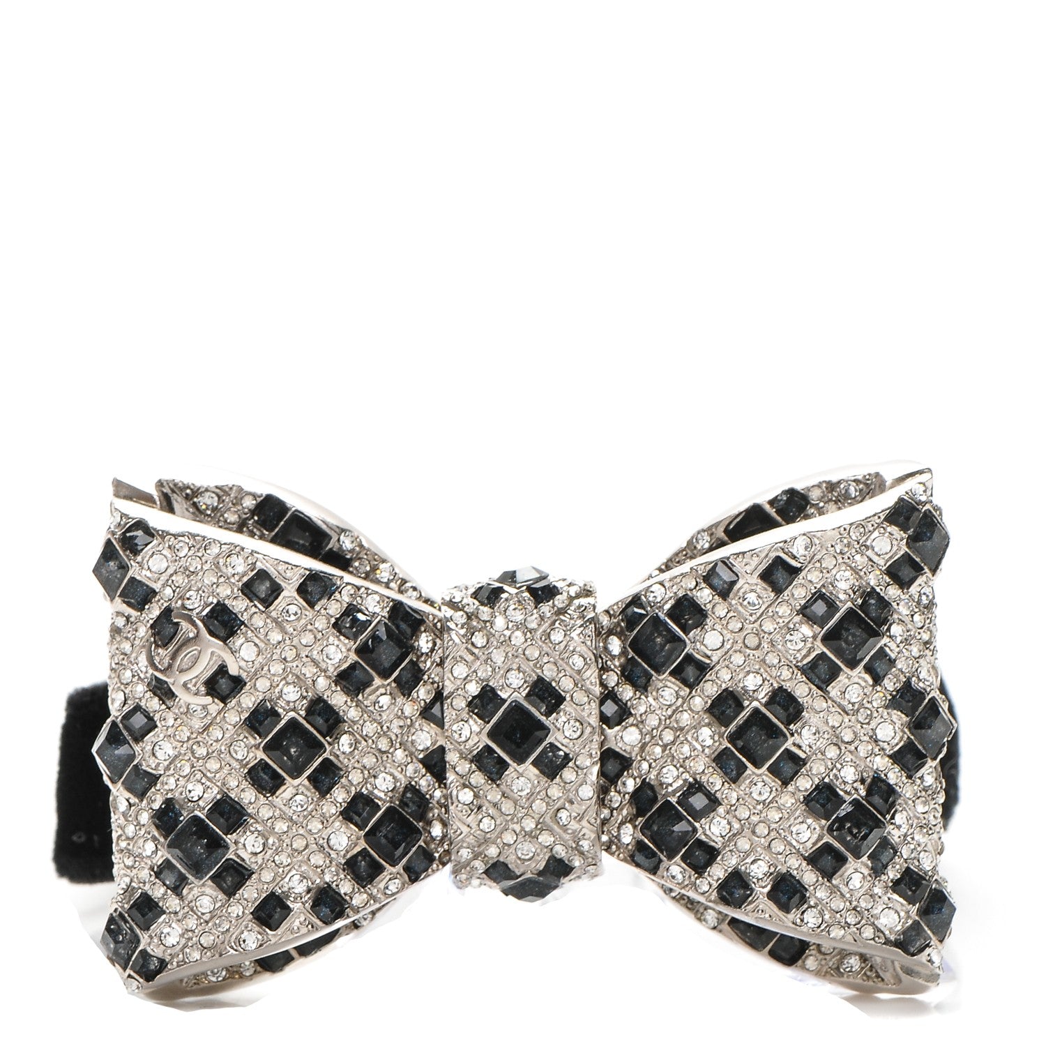 Chanel Crystal Velvet CC Bow Bracelet Black Silver 1 of 5