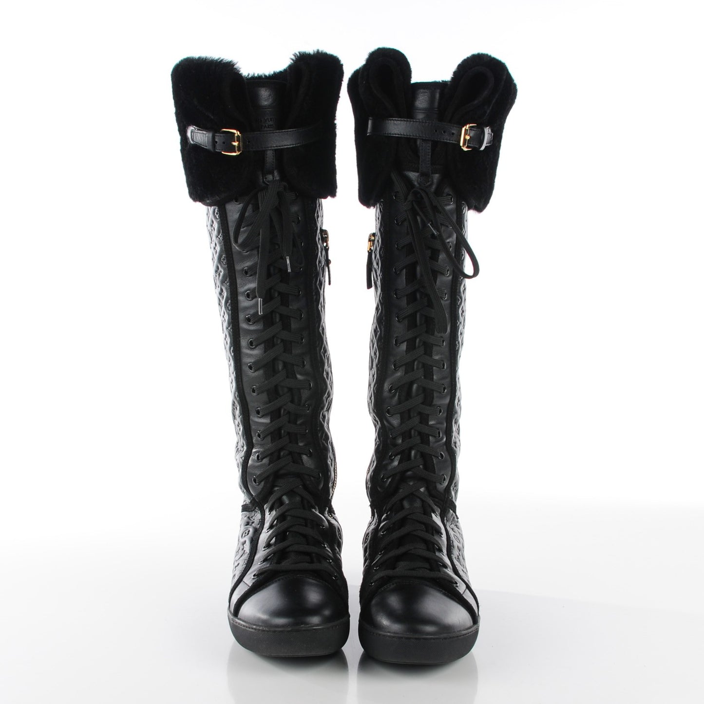 Calfskin Embossed Lamb Fur Polka Tall Boots 41 Black