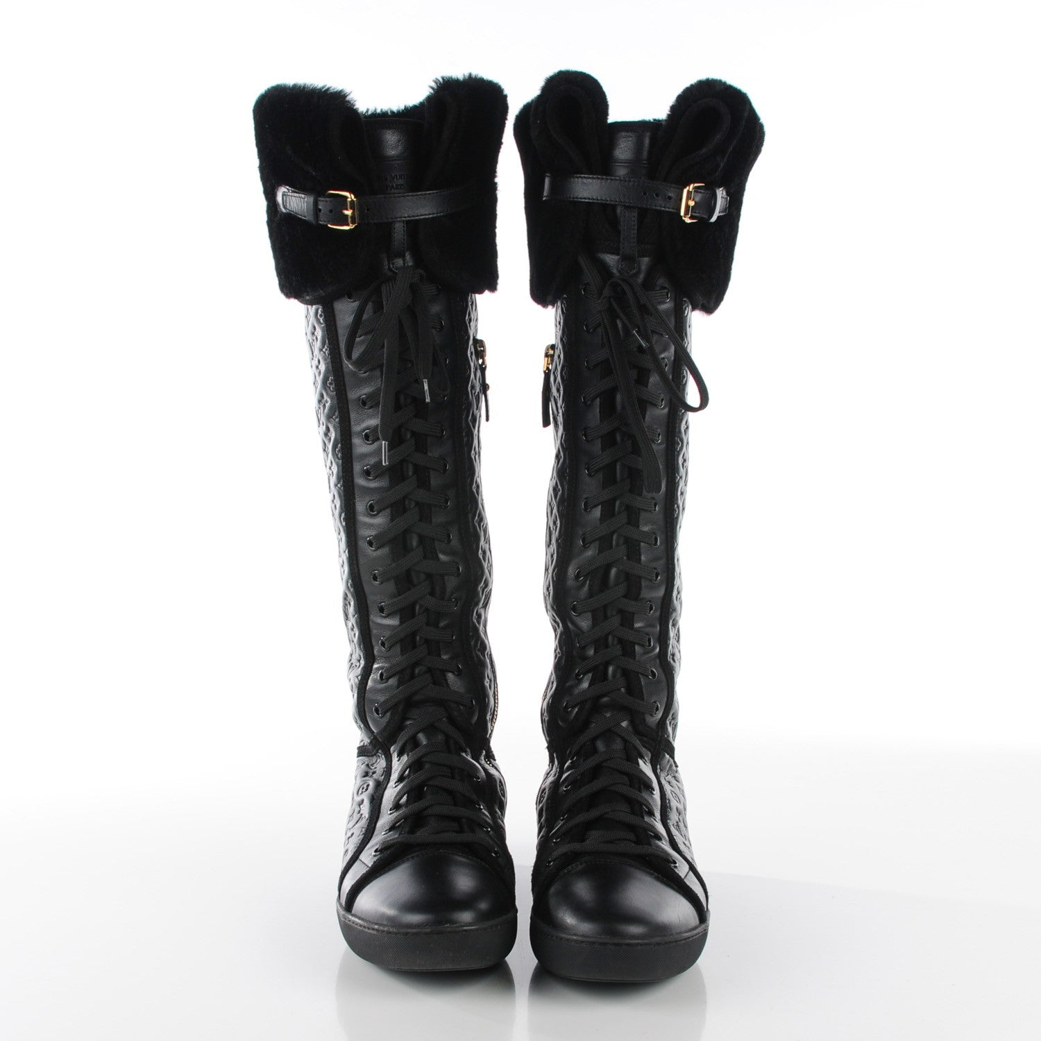 Louis Vuitton Calfskin Embossed Lamb Fur Polka Tall Boots 41 Black 2 of 18