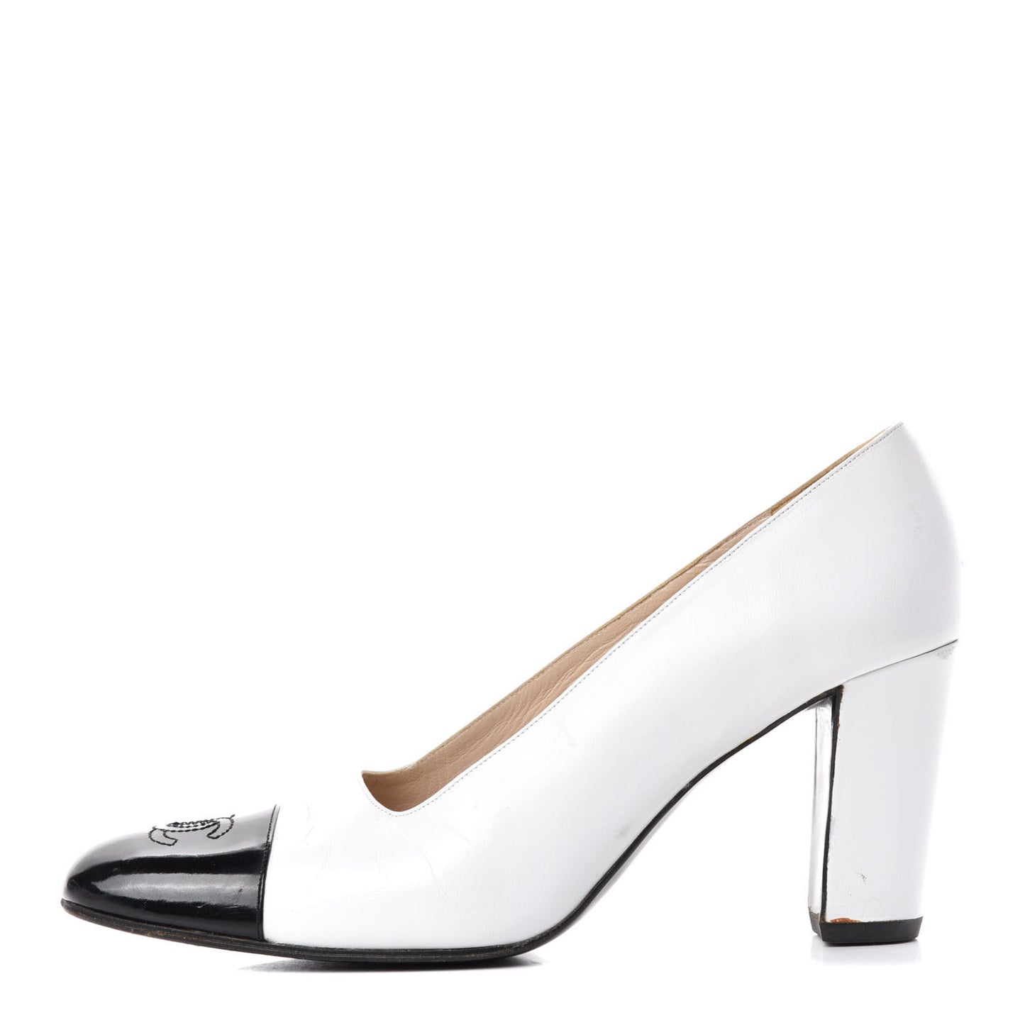 Patent Calfskin CC Cap Toe Pumps 38 White Black