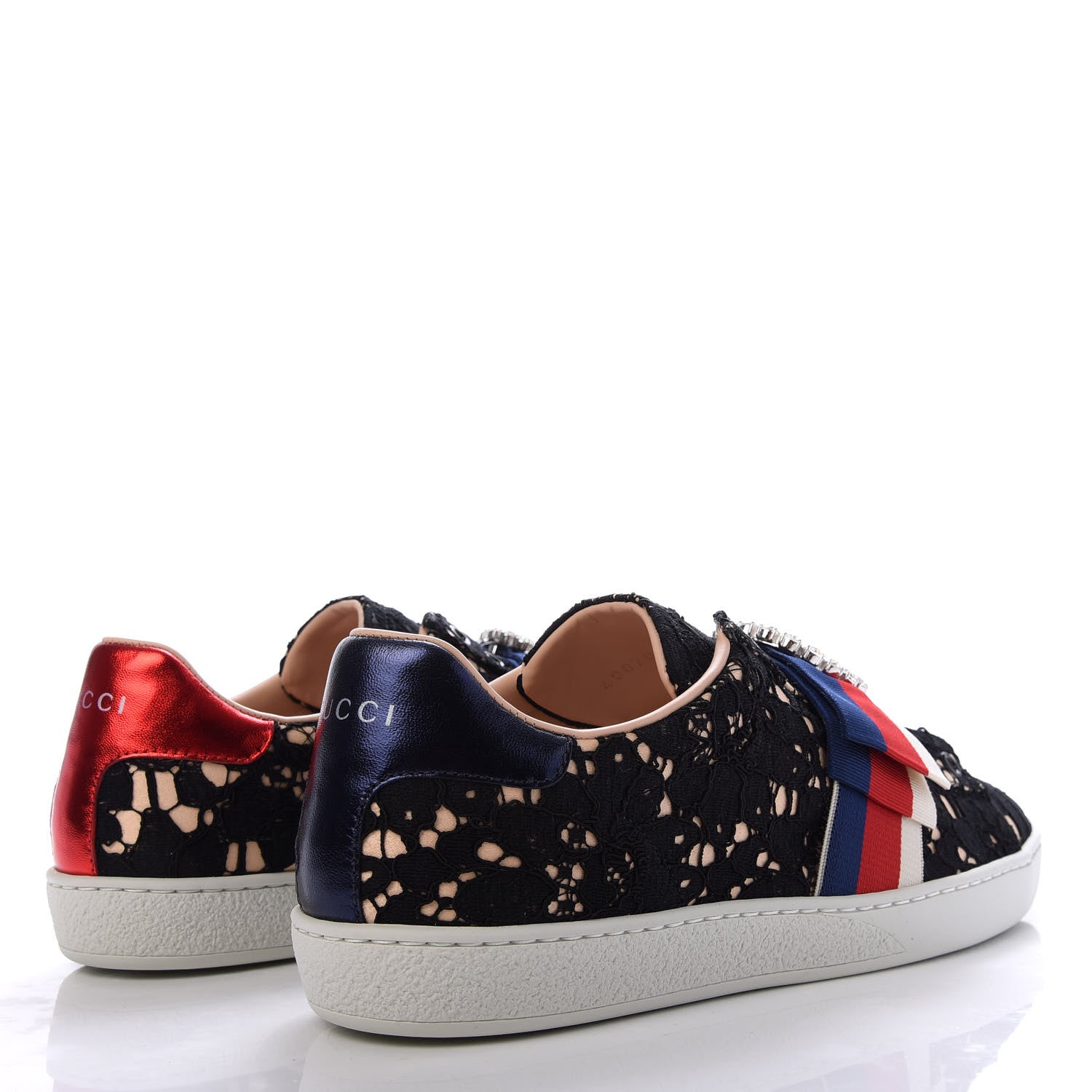 Gucci Lace Crystal Sylvie Web Flower Leaf Womens Ace Sneakers 39 Black Tan Beige 4 of 10