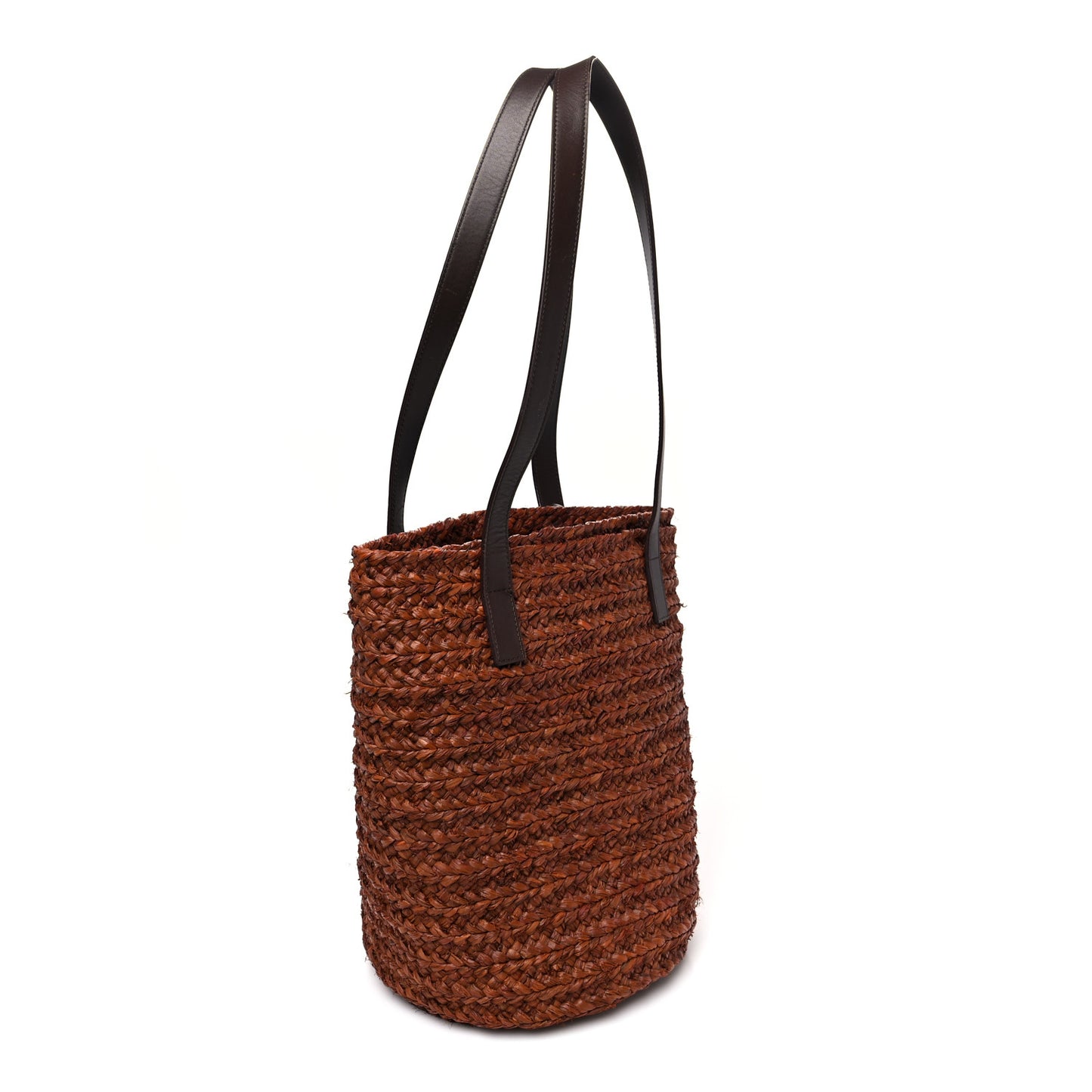 Raffia Calfskin Small Panier Tote Dark Chocolate