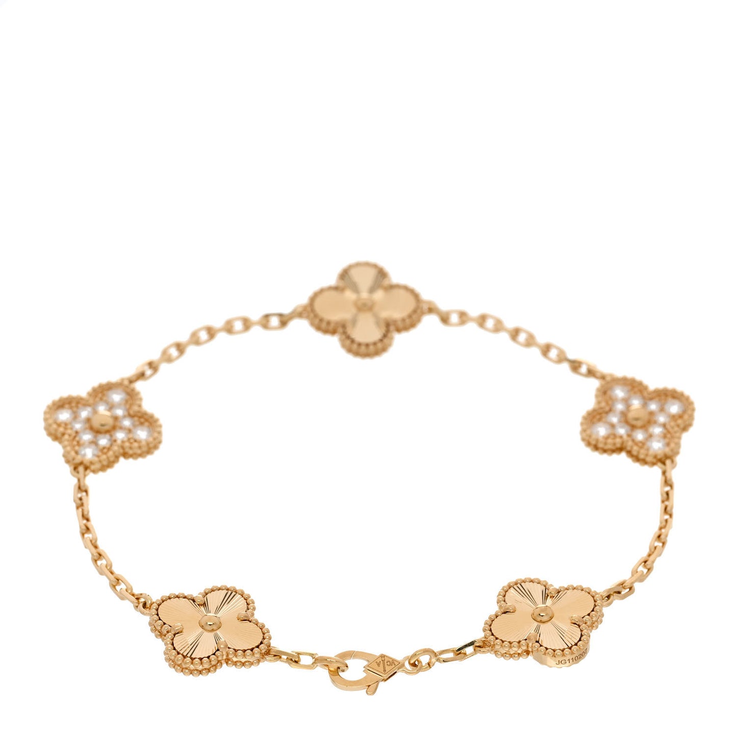 18K Yellow Gold Diamond 5 Motifs Guilloche Vintage Alhambra Bracelet
