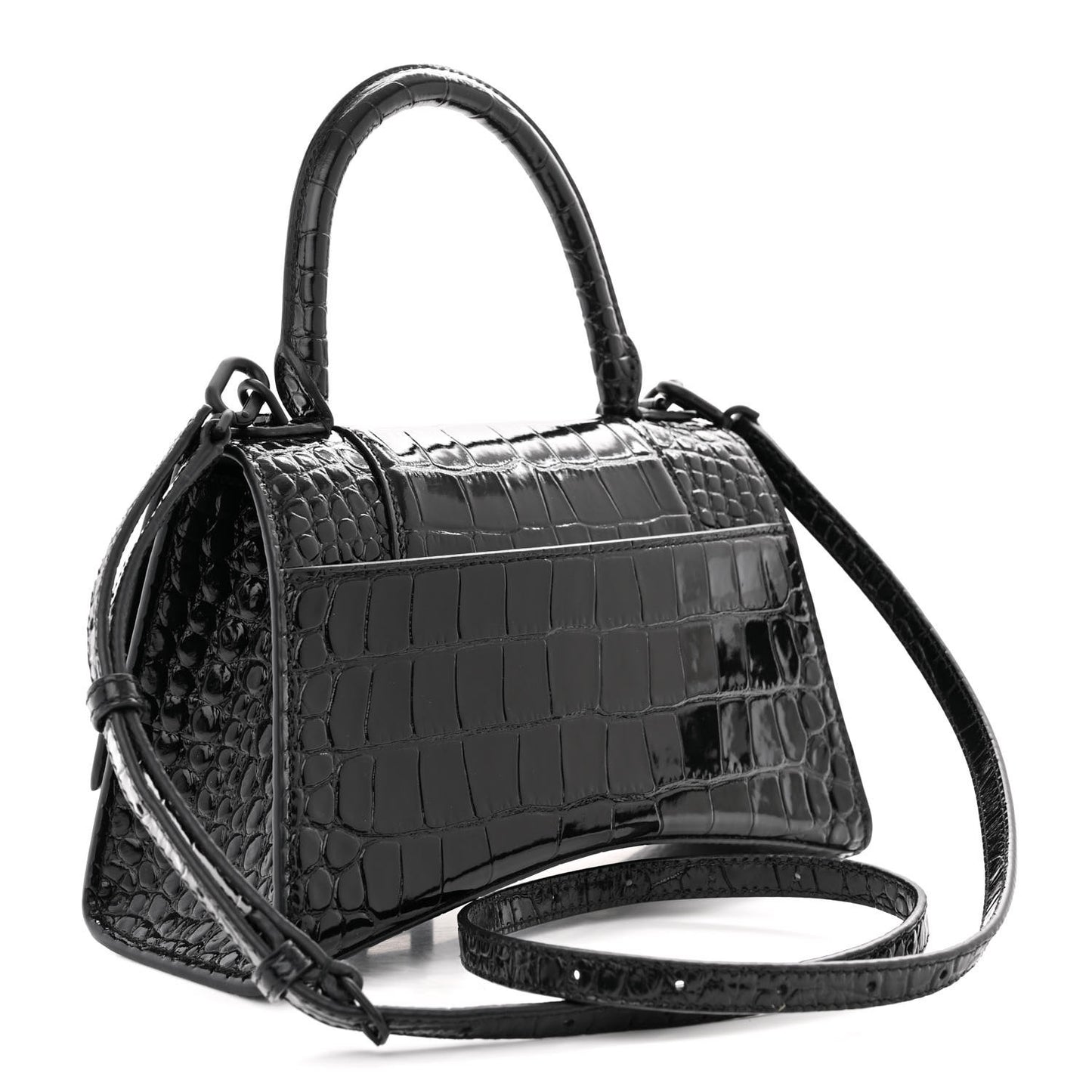 Shiny Calfskin Monochrome Crocodile Embossed Small Hourglass Top Handle Bag Black