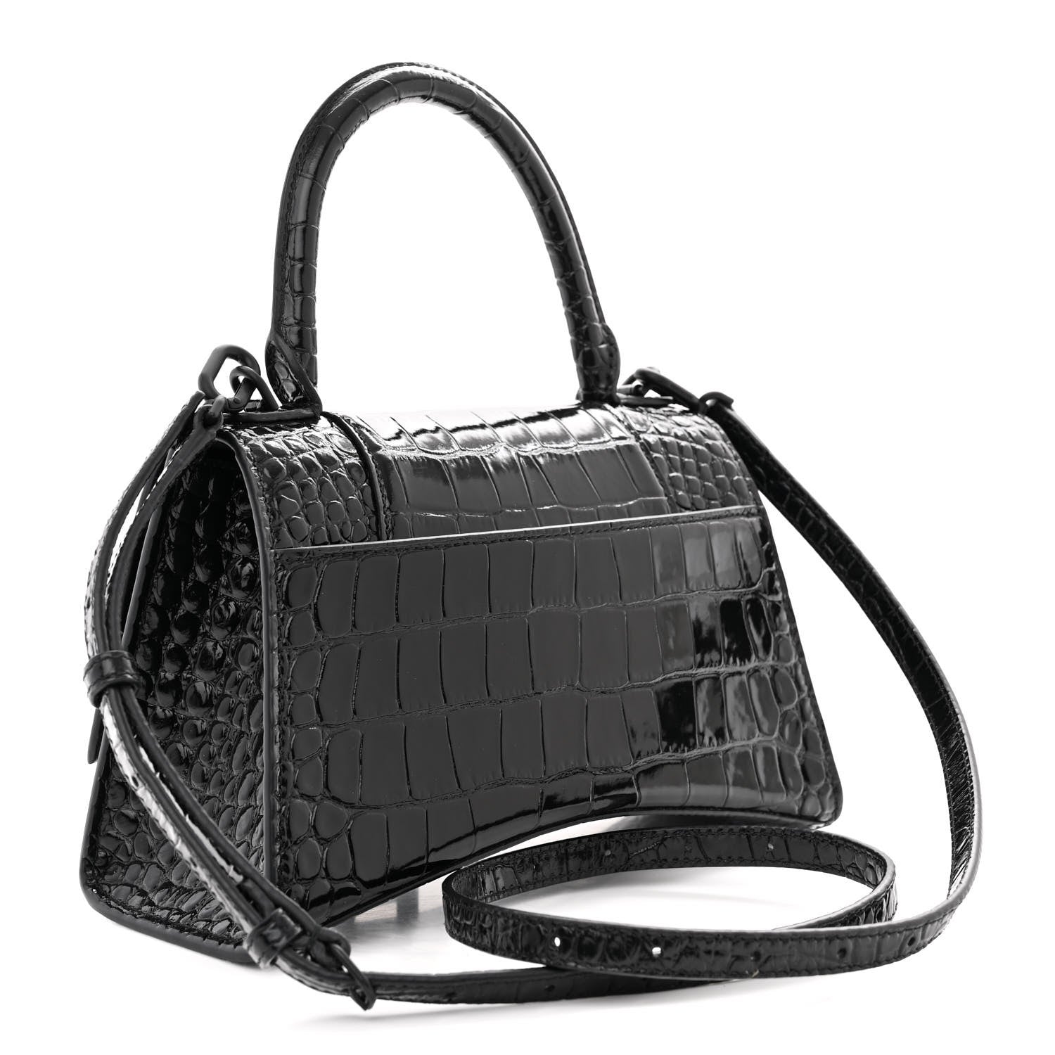 Balenciaga Shiny Calfskin Monochrome Crocodile Embossed Small Hourglass Top Handle Bag Black 3 of 10