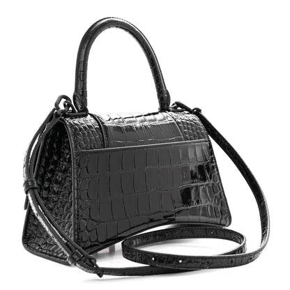 Balenciaga Shiny Calfskin Monochrome Crocodile Embossed Small Hourglass Top Handle Bag Black 3 of 10