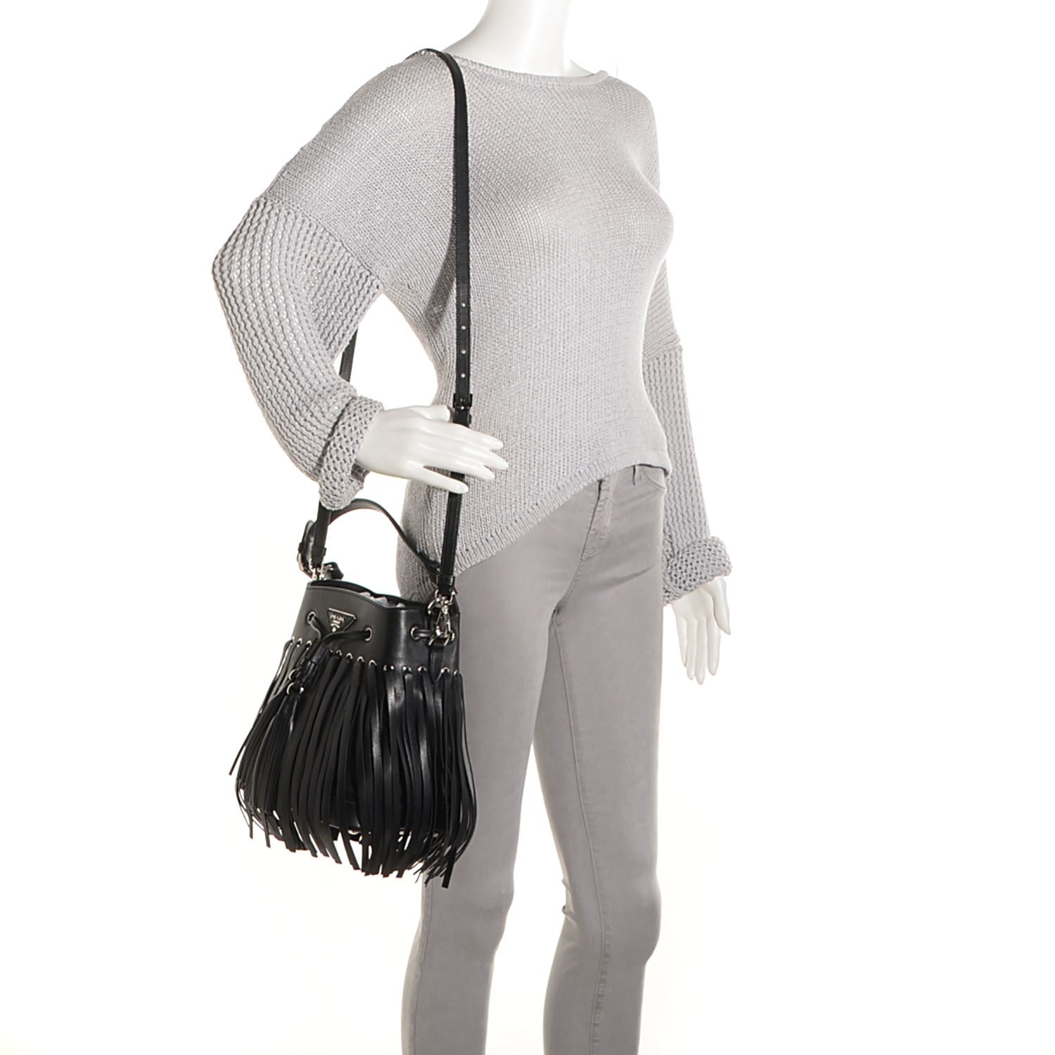 Prada Soft Calf Fringe Bucket Bag Nero Black 2 of 9