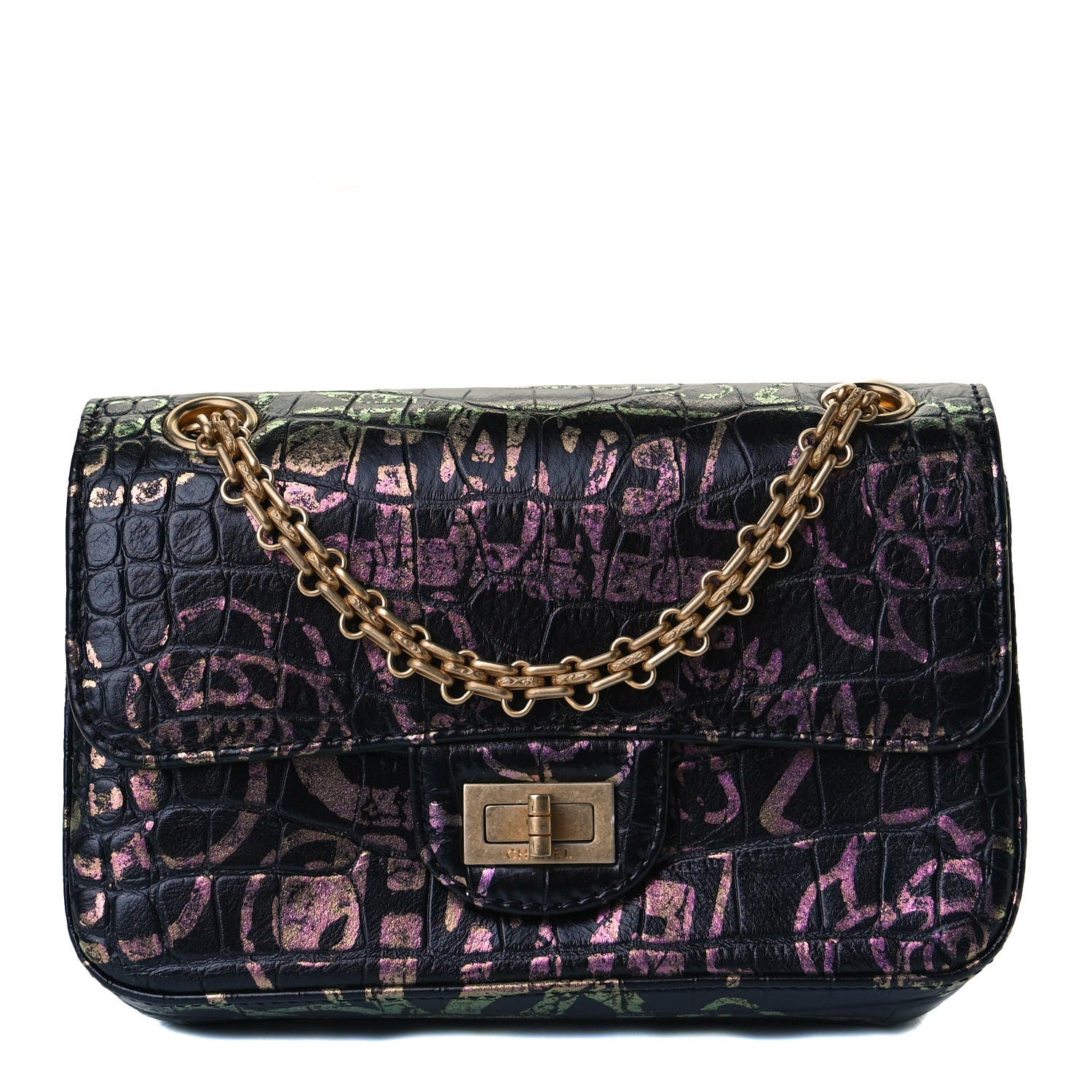 Chanel Calfskin Crocodile Embossed Graffiti 2.55 Mini Cocodile Reissue Flap Black Pink 1 of 15