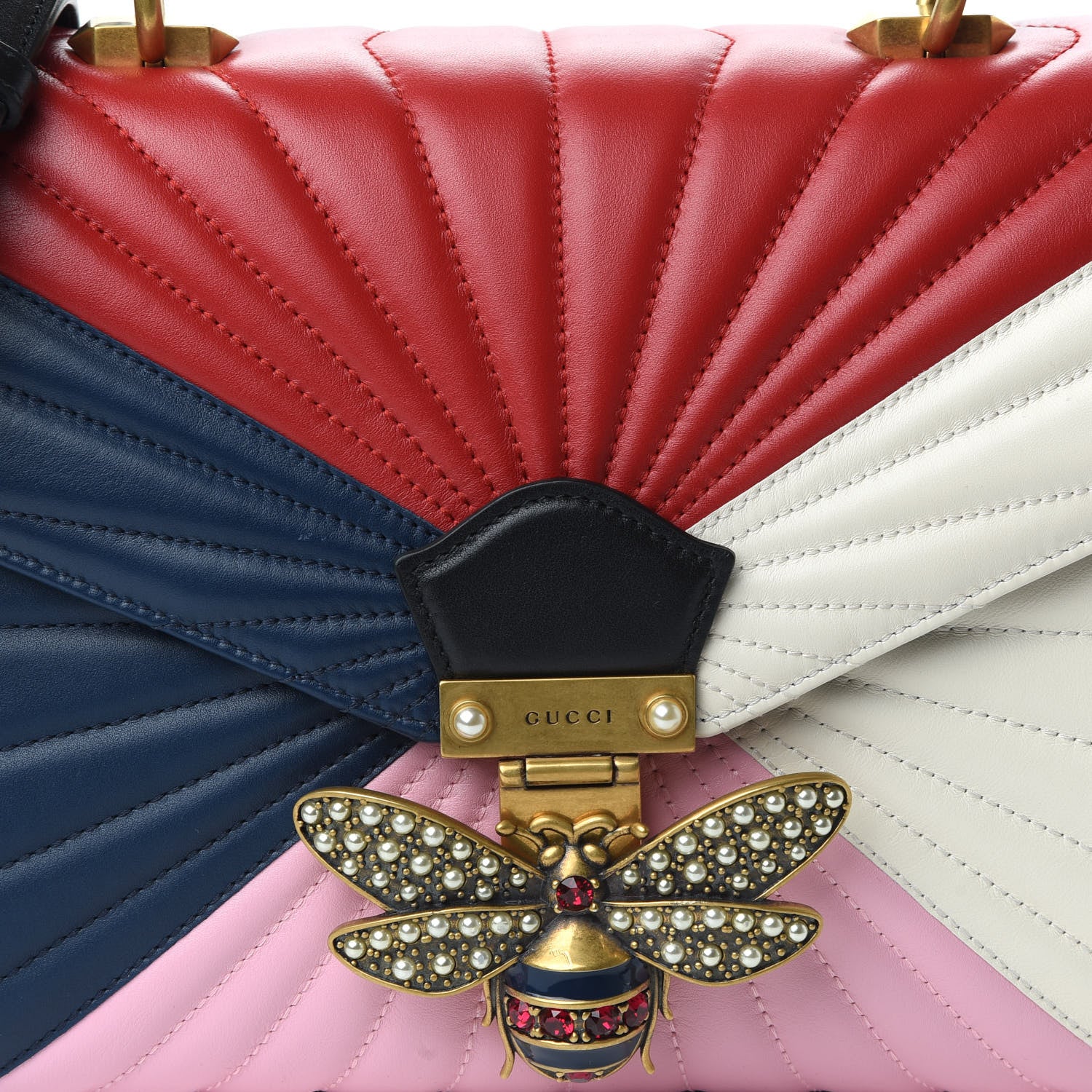 Gucci Calfskin Bamboo Trapuntata Queen Margaret Top Handle Bag Blue Agata Hibiscus Red Mystic White Sugar Pink 10 of 10