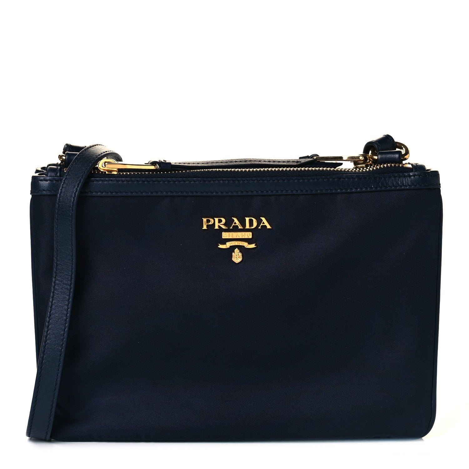 Prada Tessuto Nylon Soft Calf Double Zip Crossbody Bag Blue 1 of 9