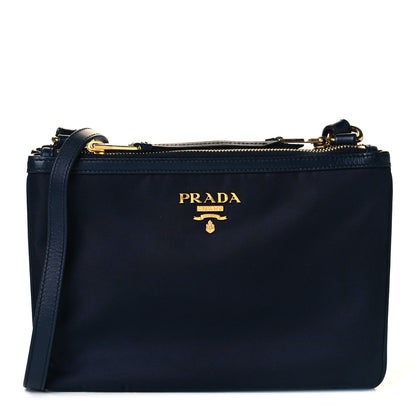 Prada Tessuto Nylon Soft Calf Double Zip Crossbody Bag Blue 1 of 9