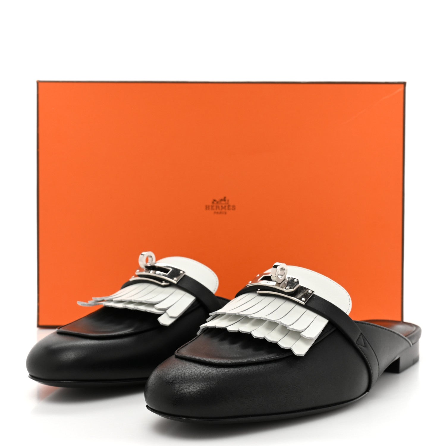 Hermes Calfskin Fringe Oz Mules 38 Black White 9 of 9