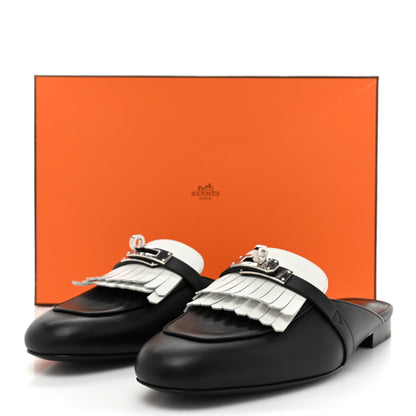 Hermes Calfskin Fringe Oz Mules 38 Black White 9 of 9